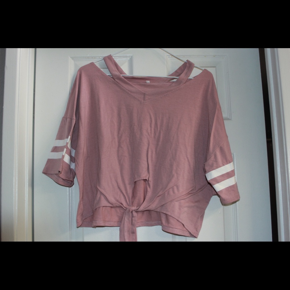 Plush pink crop top shirt with tie and stripes